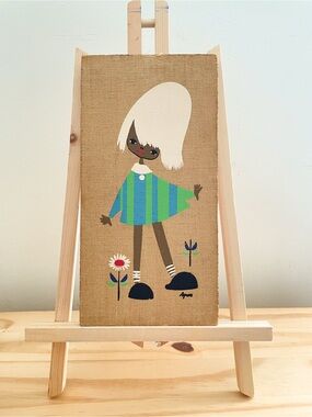VTG Mid Century Agnes Young Girl Striped Dress Burlap Wood Wall Art Plaque Panel